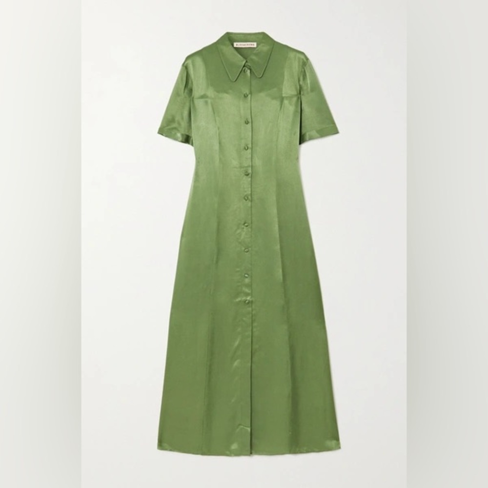 Alexa Chung 🍏 Green Satin Button-Down Dress Duster with Fabric Covered B…